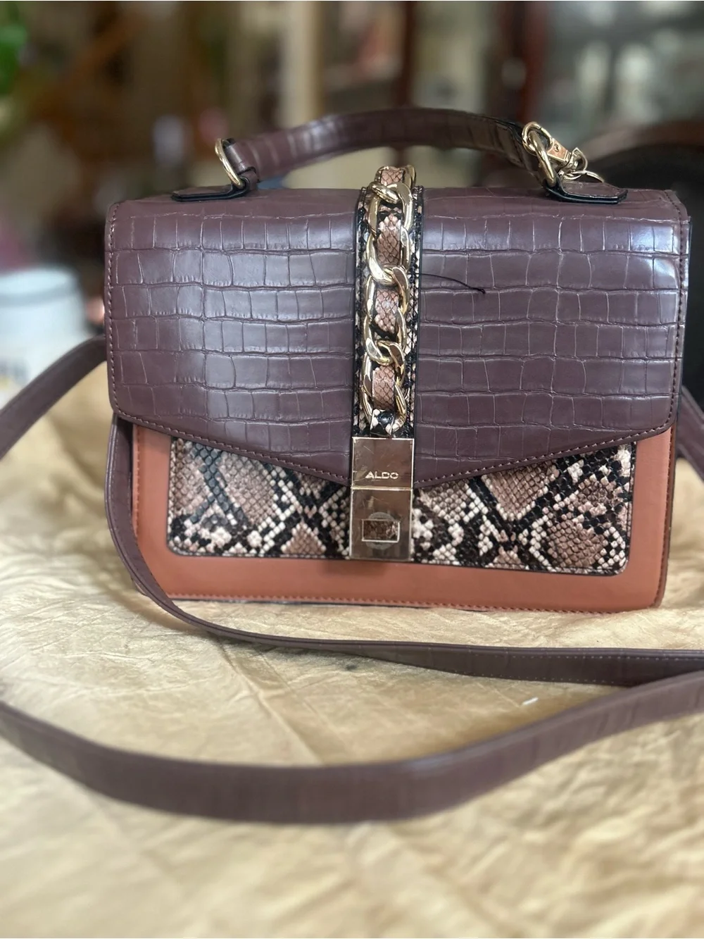 ALDO Brown & Tan Croc-Embossed Satchel with Snake-Print Accent